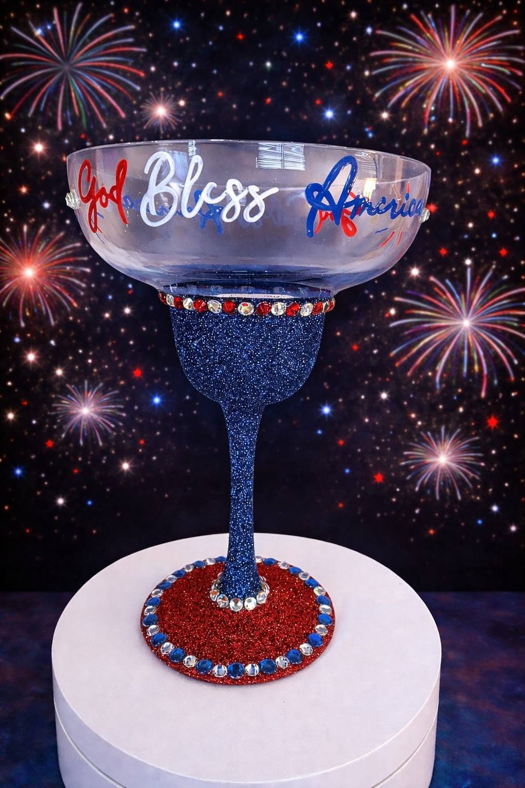 Hand Painted Patriotic God Bless America Bling Margarita Glass