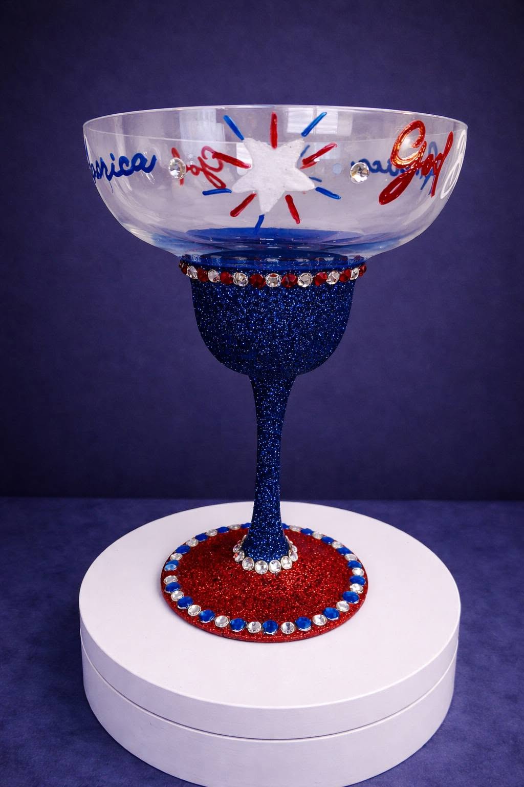 Hand Painted Patriotic God Bless America Bling Margarita Glass