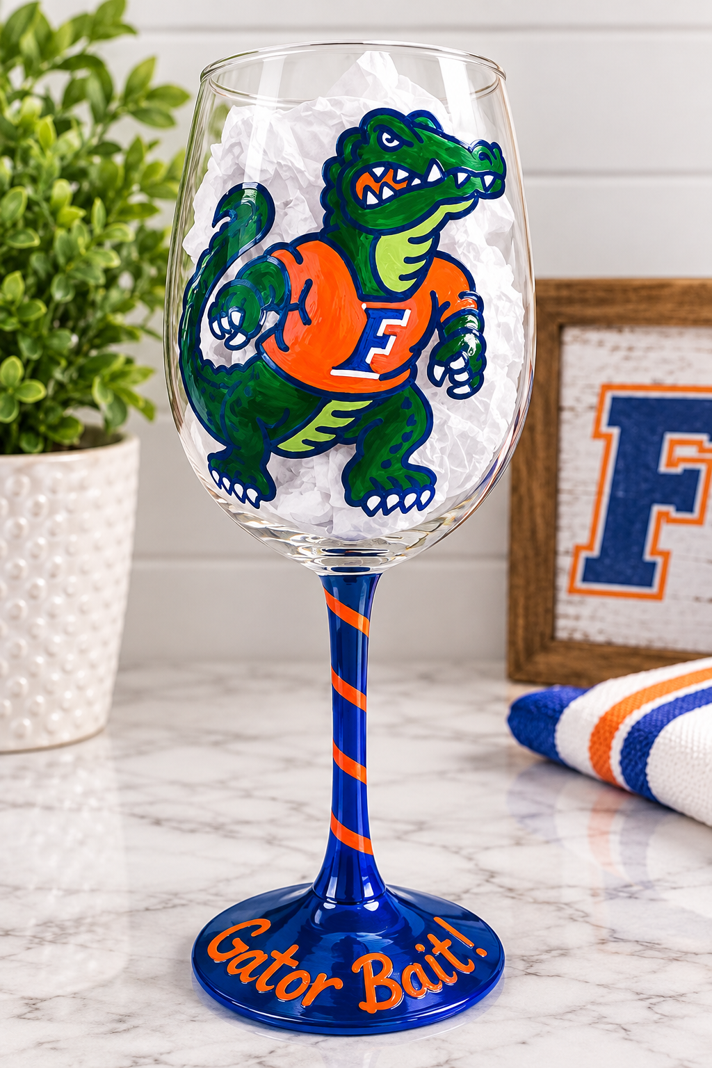 Hand Painted Florida Gators Wine Glass, 18oz