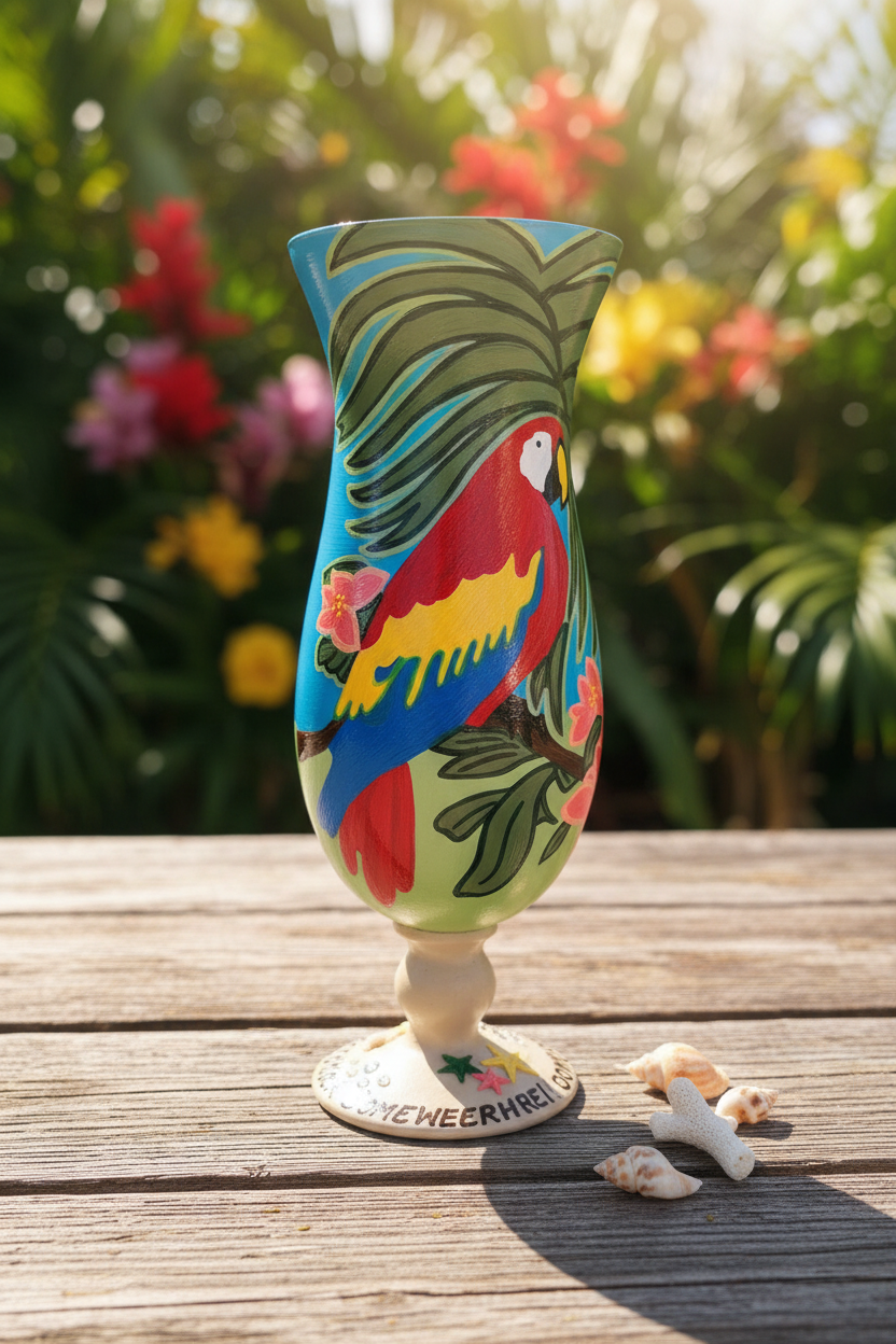 Hand Painted Tropical Parrot Hurricane Glass - Full Detail