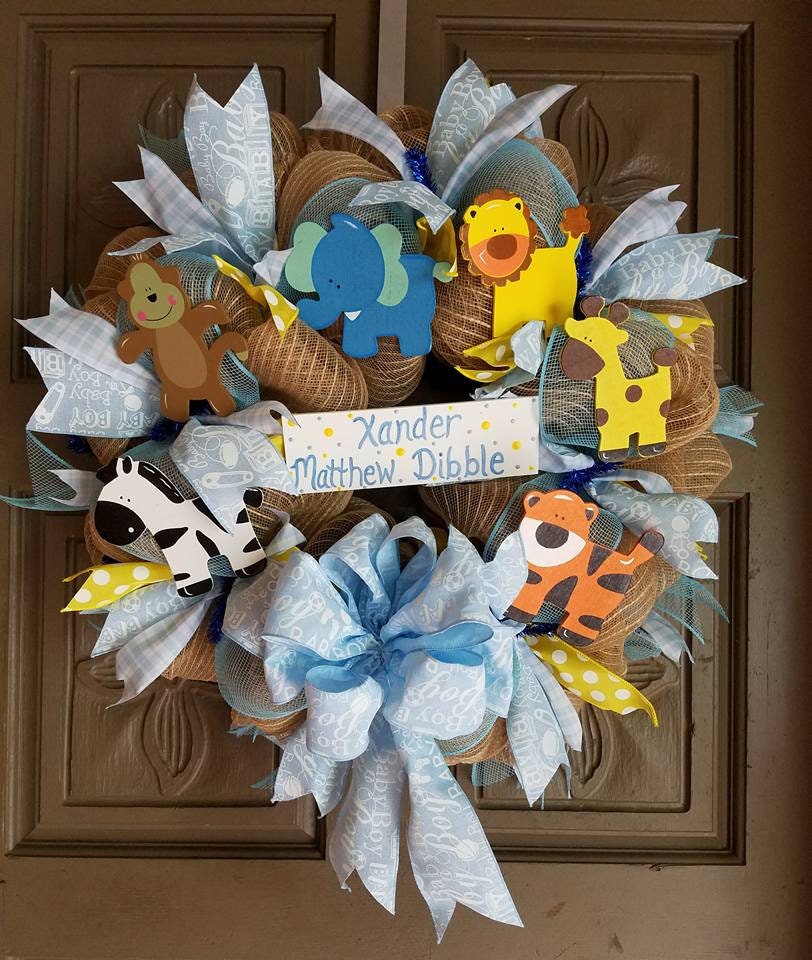 Baby Boy Woodland Animals Deco Mesh Wreath, Baby Shower Gift