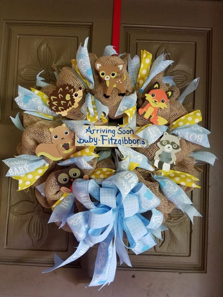 Baby Boy Woodland Animals Deco Mesh Wreath, Baby Shower Gift
