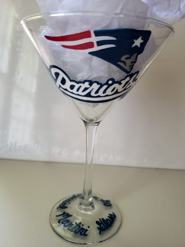 Hand Painted Patriots Martini Glass, Football Gift