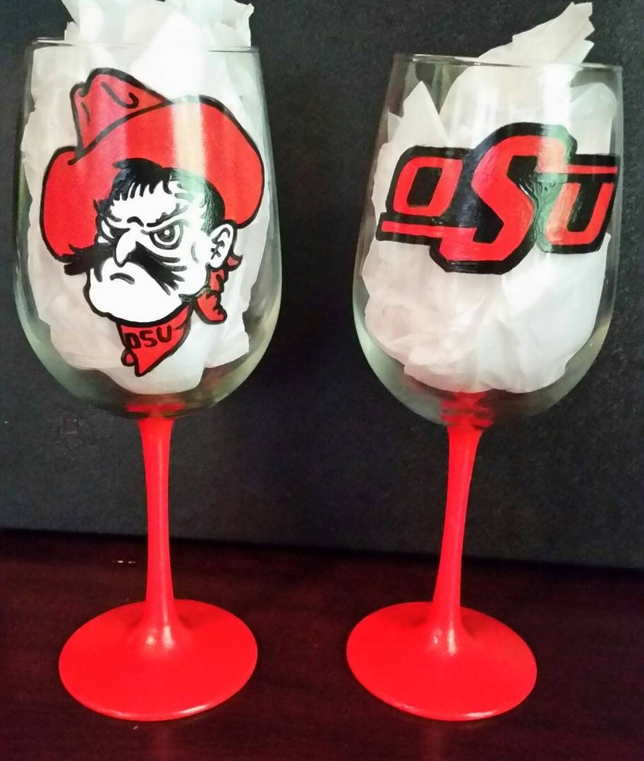 Oklahoma State Hand Painted Wine Glass, OSU College Gift