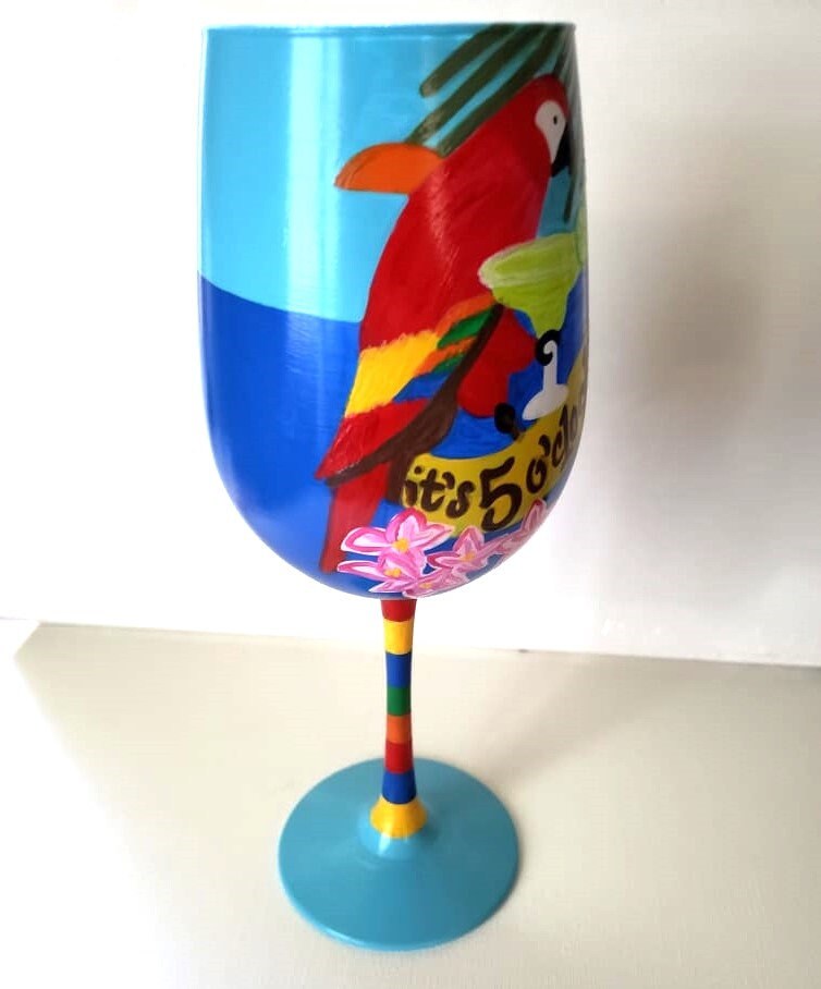 Hand Painted Tropical Parrot Wine Glass: Beach Party Theme