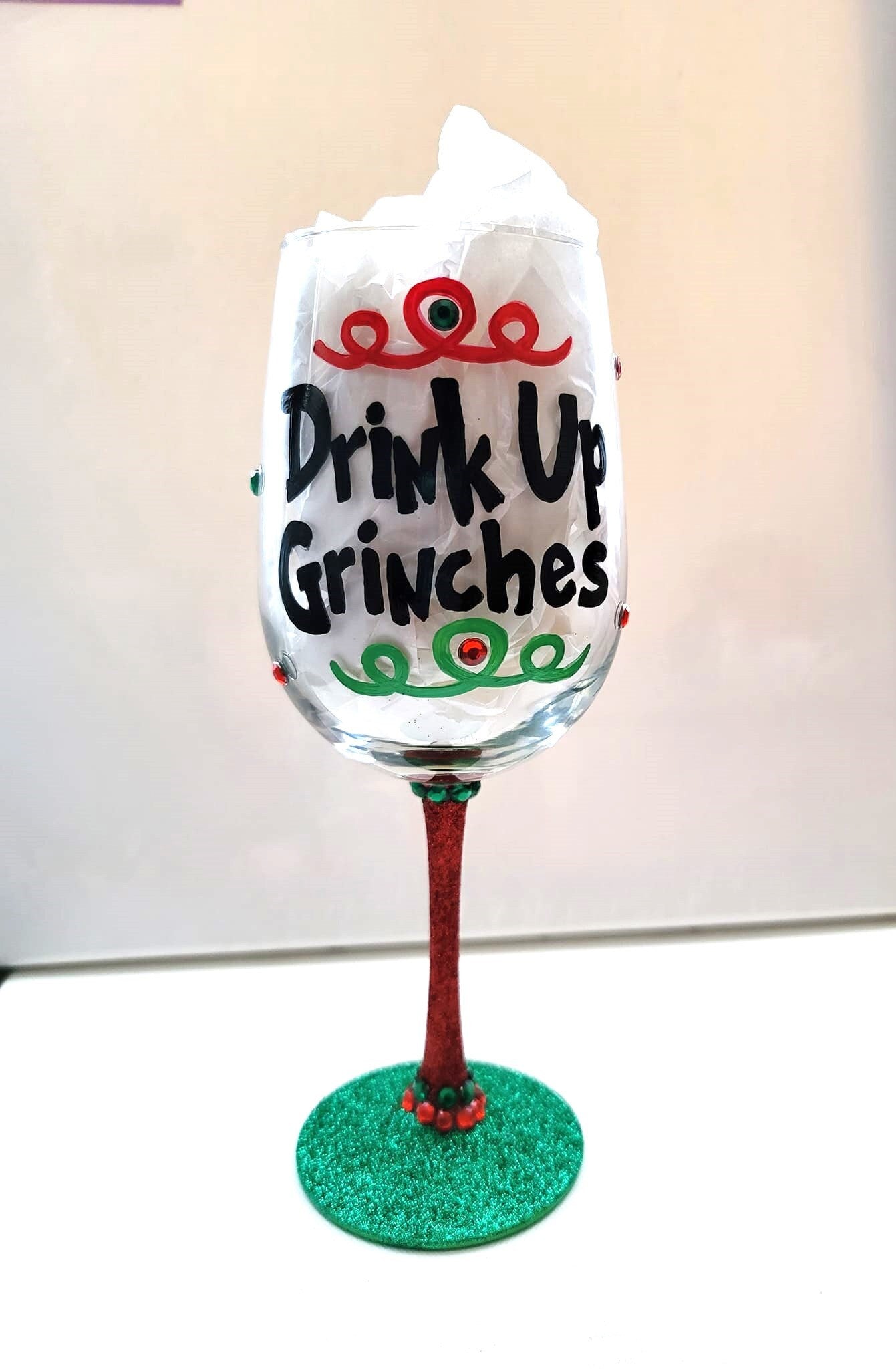 Grinch Christmas Hand Painted Wine Glass/Drink Up Grinches/Gift For Her/ Gift For Him/Christmas Gift/Party Hostess Gift