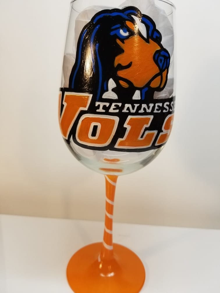 Hand-Painted Tennessee Volunteers Wine Glass, College Sports Gift