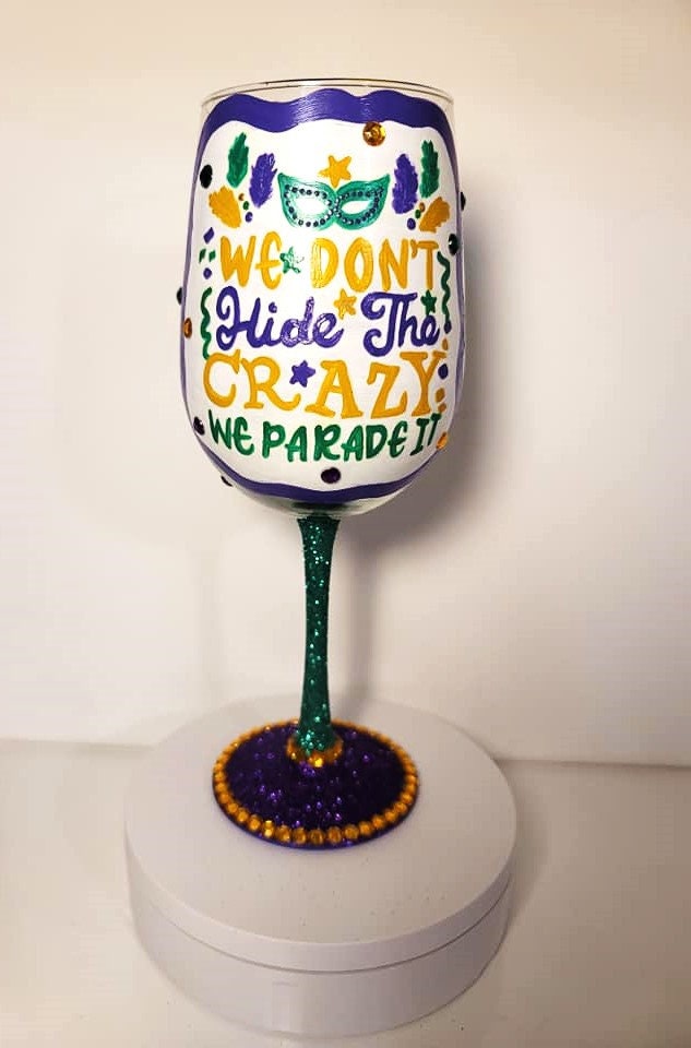 Hand Painted Mardi Gras Wine Glass, Bling Party Barware