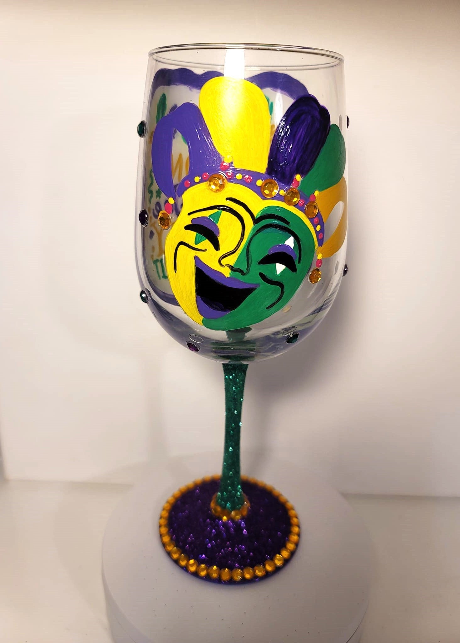 Hand Painted Mardi Gras Wine Glass, Bling Party Barware