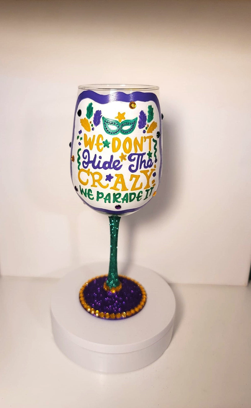 Hand Painted Mardi Gras Wine Glass, Bling Party Barware