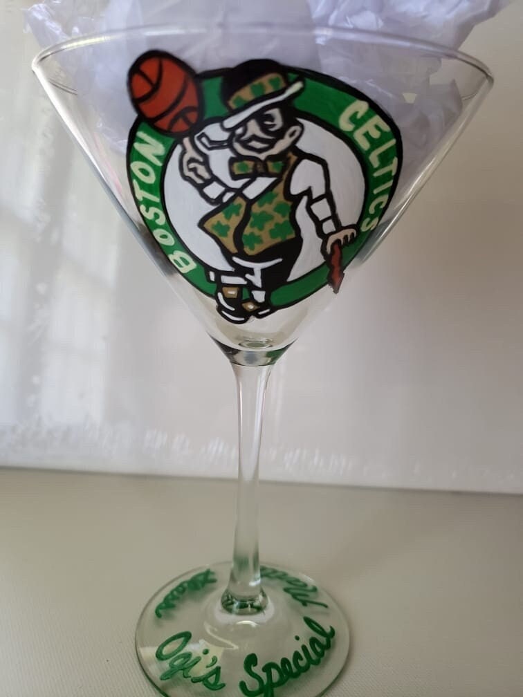 Hand Painted Boston Celtics Martini Glass, NBA Barware
