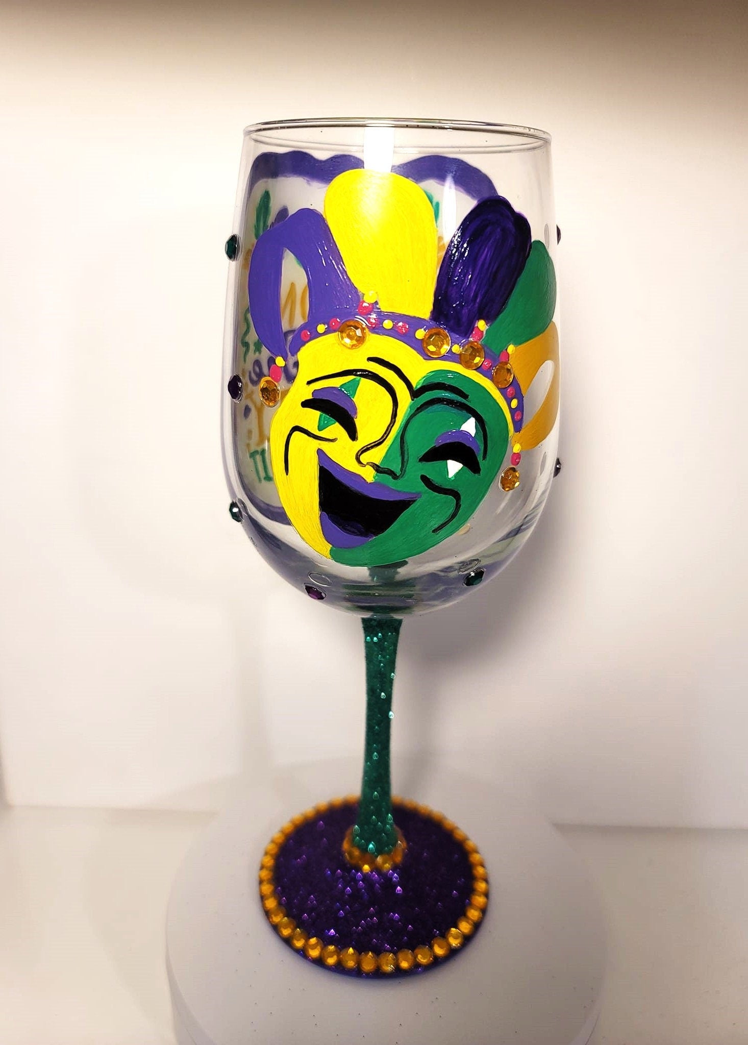 Hand Painted Mardi Gras Wine Glass, Bling Party Barware