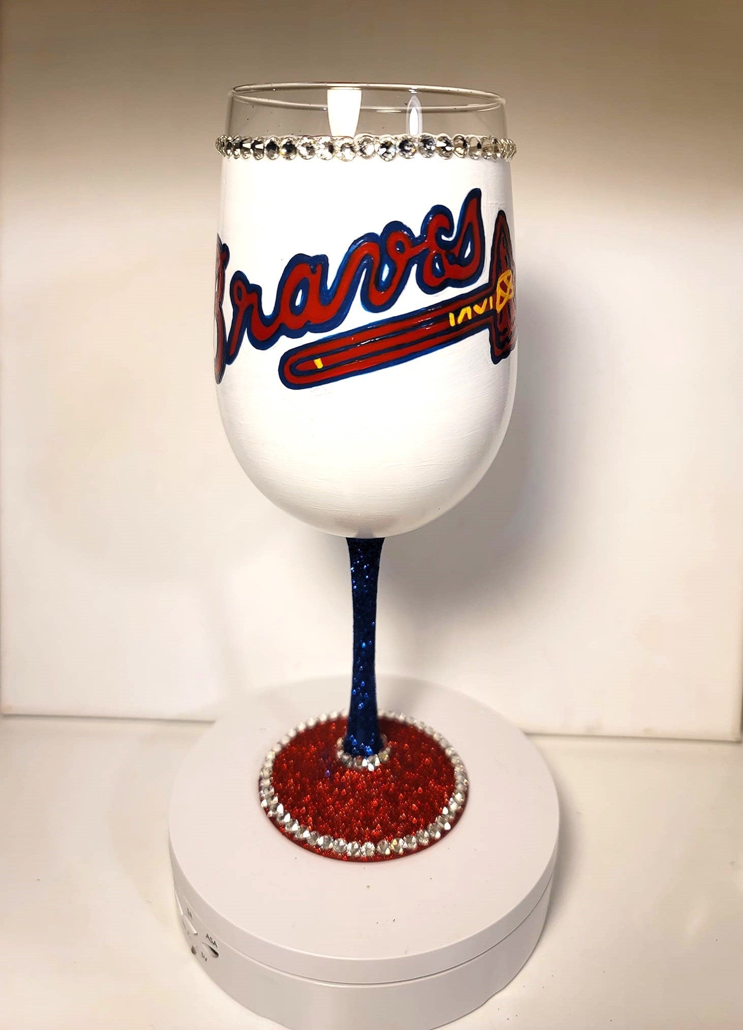 Atlanta Braves Hand-Painted Wine Glass with Rhinestone Bling
