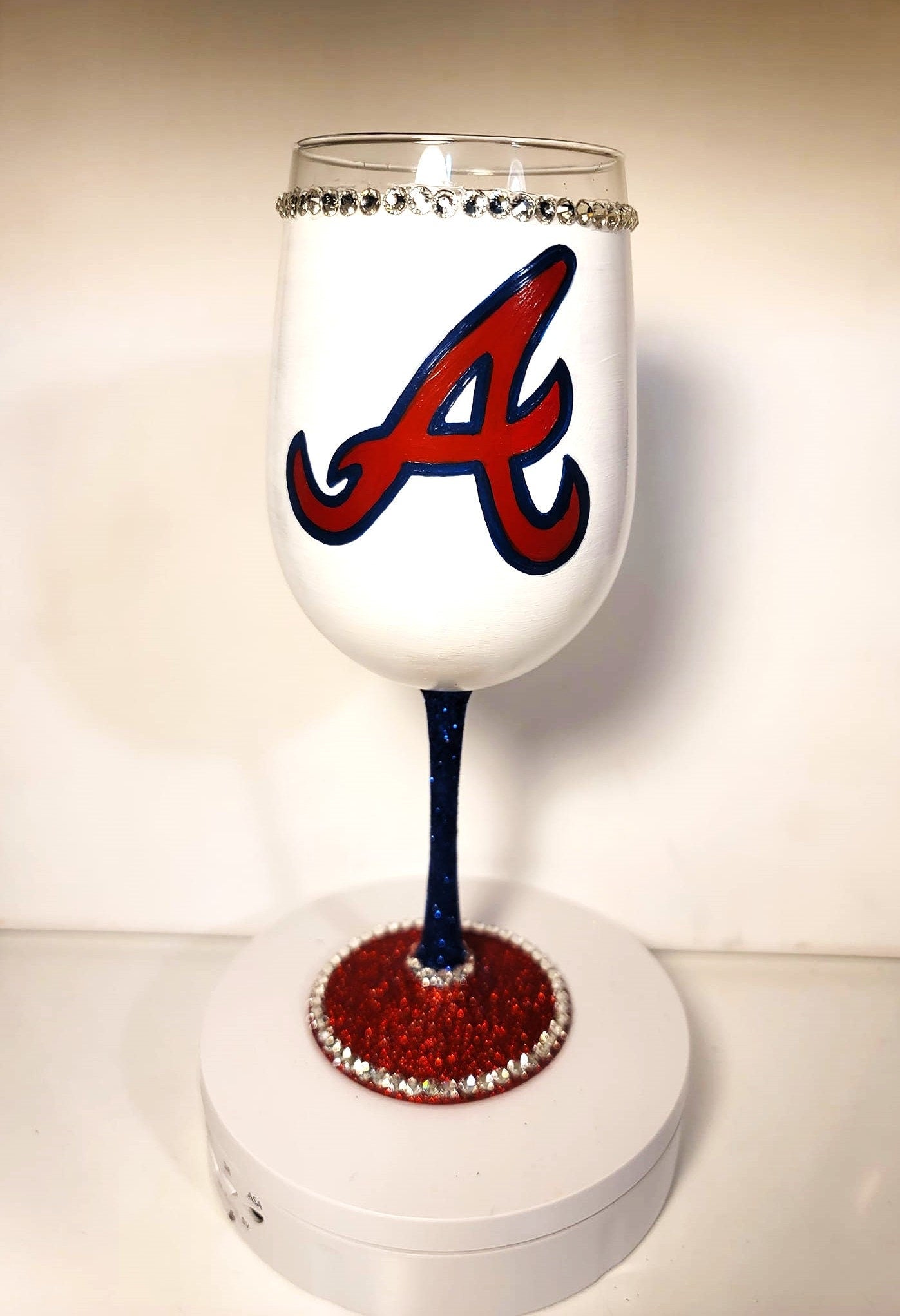 Atlanta Braves Hand-Painted Wine Glass with Rhinestone Bling