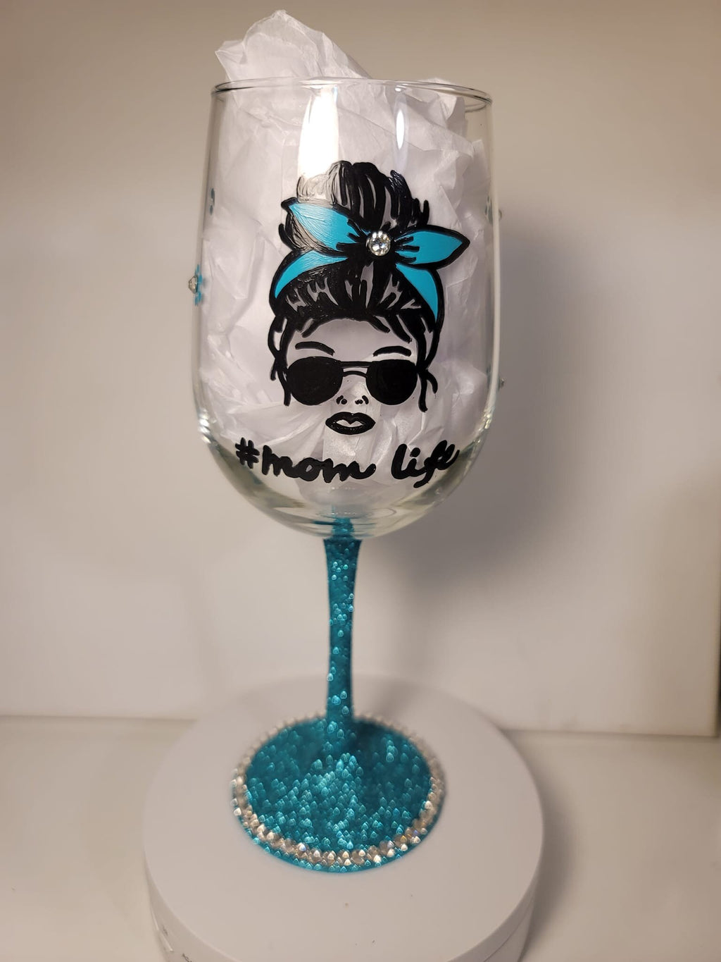 Hand Painted Mom Life Wine Glass, Glitter Bling Stem
