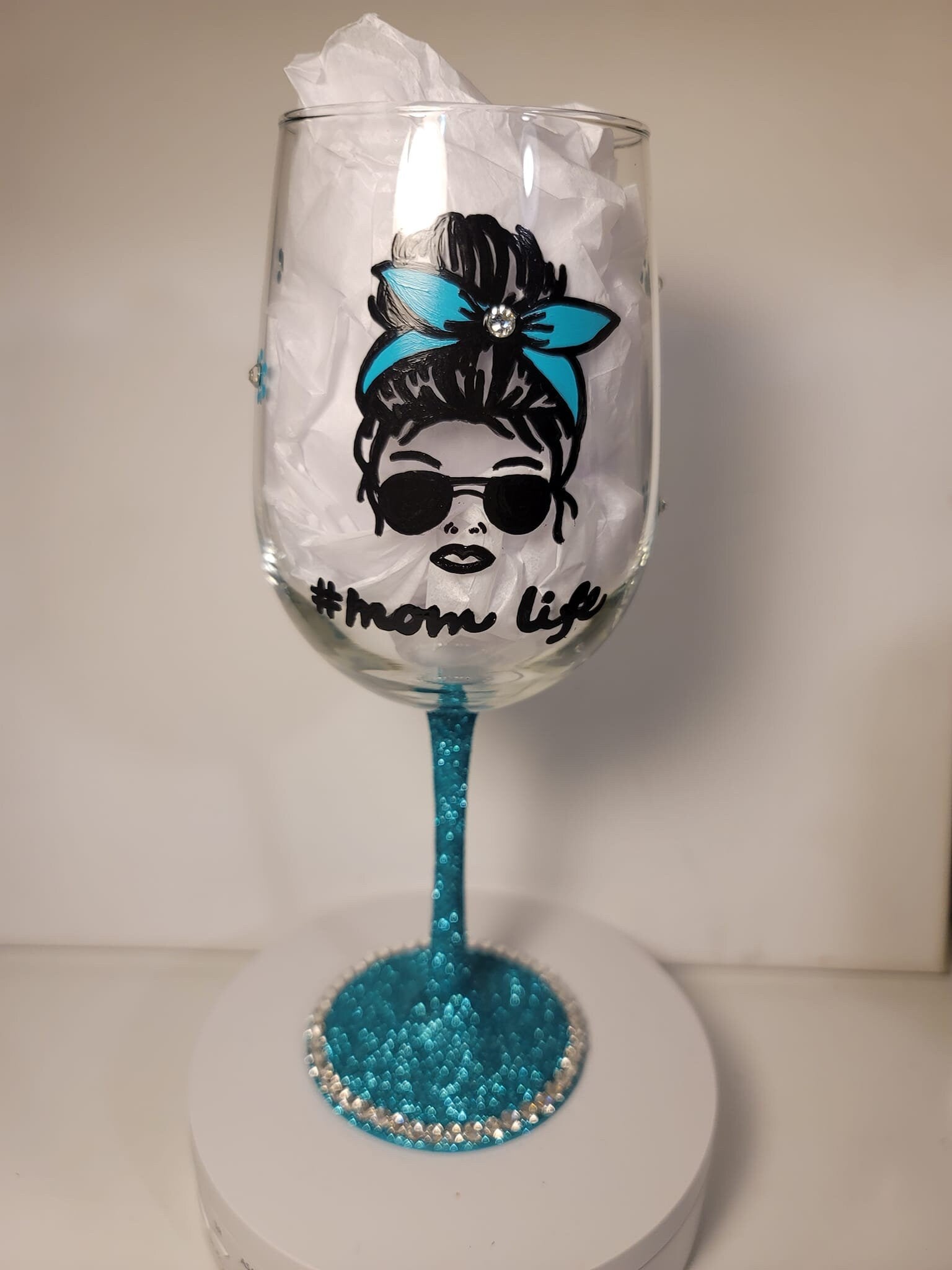 Hand Painted Mom Life Wine Glass, Glitter Bling Stem