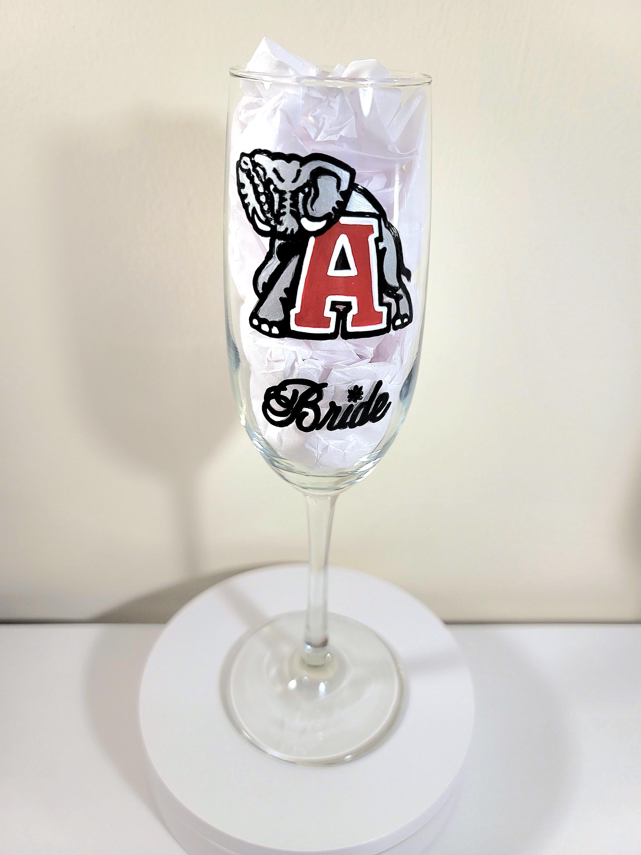 Hand Painted College Champagne Glasses, Bride and Groom Set