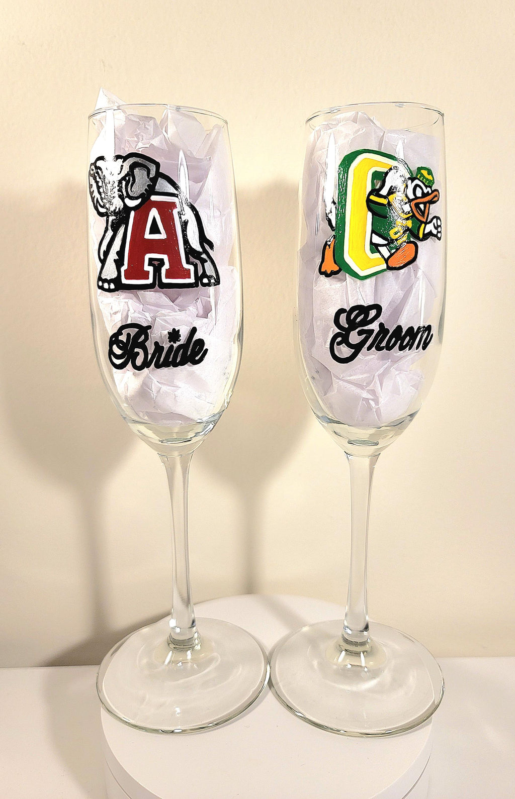 Hand Painted College Champagne Glasses, Bride and Groom Set
