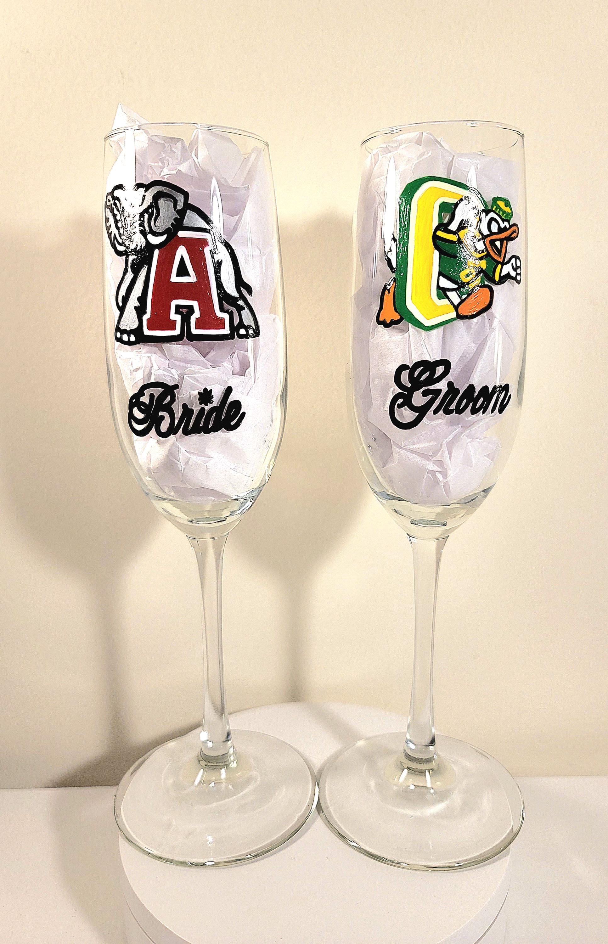 Hand Painted College Champagne Glasses, Bride and Groom Set