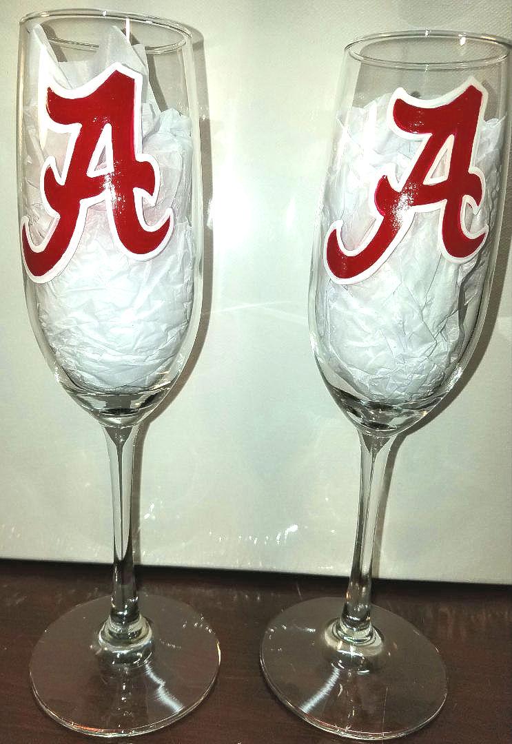 Hand Painted Alabama Crimson Tide Champagne Flutes, Wedding Gift Set