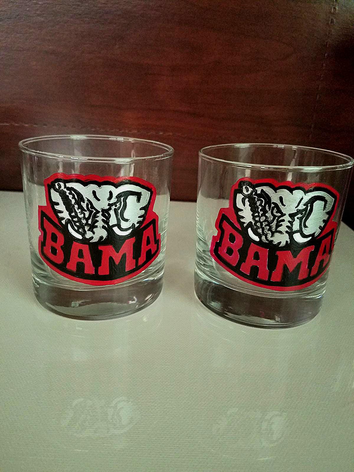 Hand Painted Alabama Crimson Tide Whiskey Glasses, Set of 4