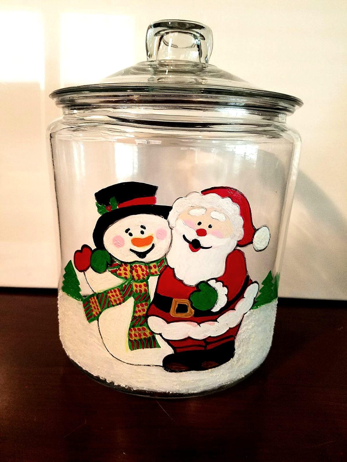Hand Painted Santa & Snowman Glass Cookie Jar, Holiday Decor