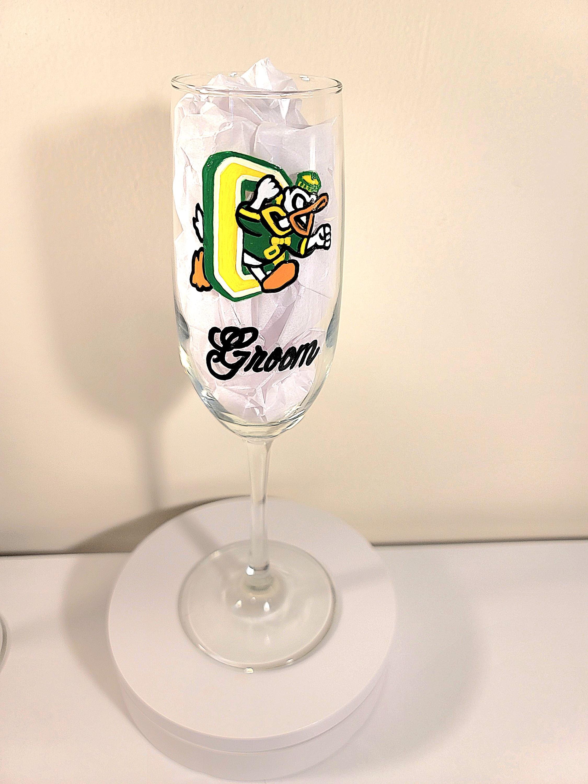 Hand Painted College Champagne Glasses, Bride and Groom Set