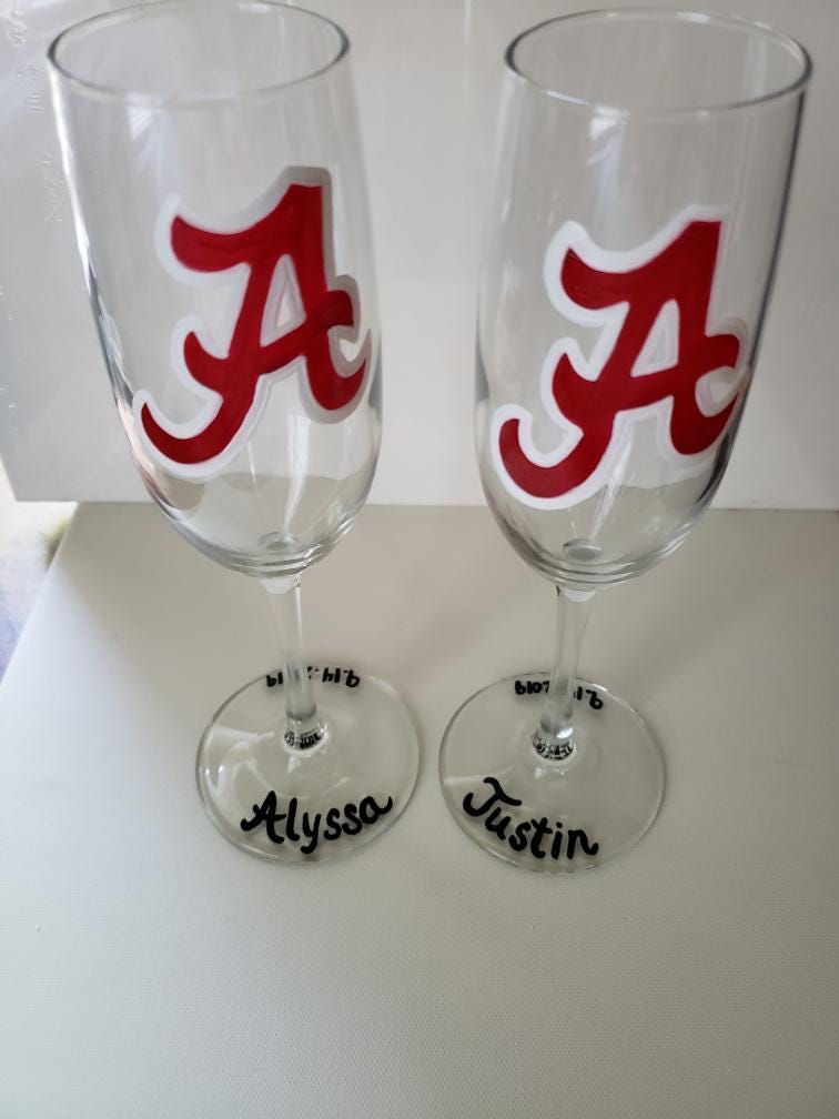 Hand Painted Alabama Crimson Tide Champagne Flutes, Wedding Gift Set