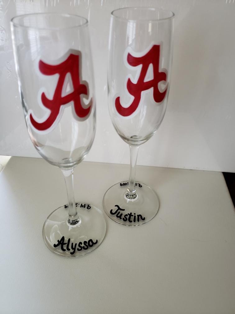 Hand Painted Alabama Crimson Tide Champagne Flutes, Wedding Gift Set