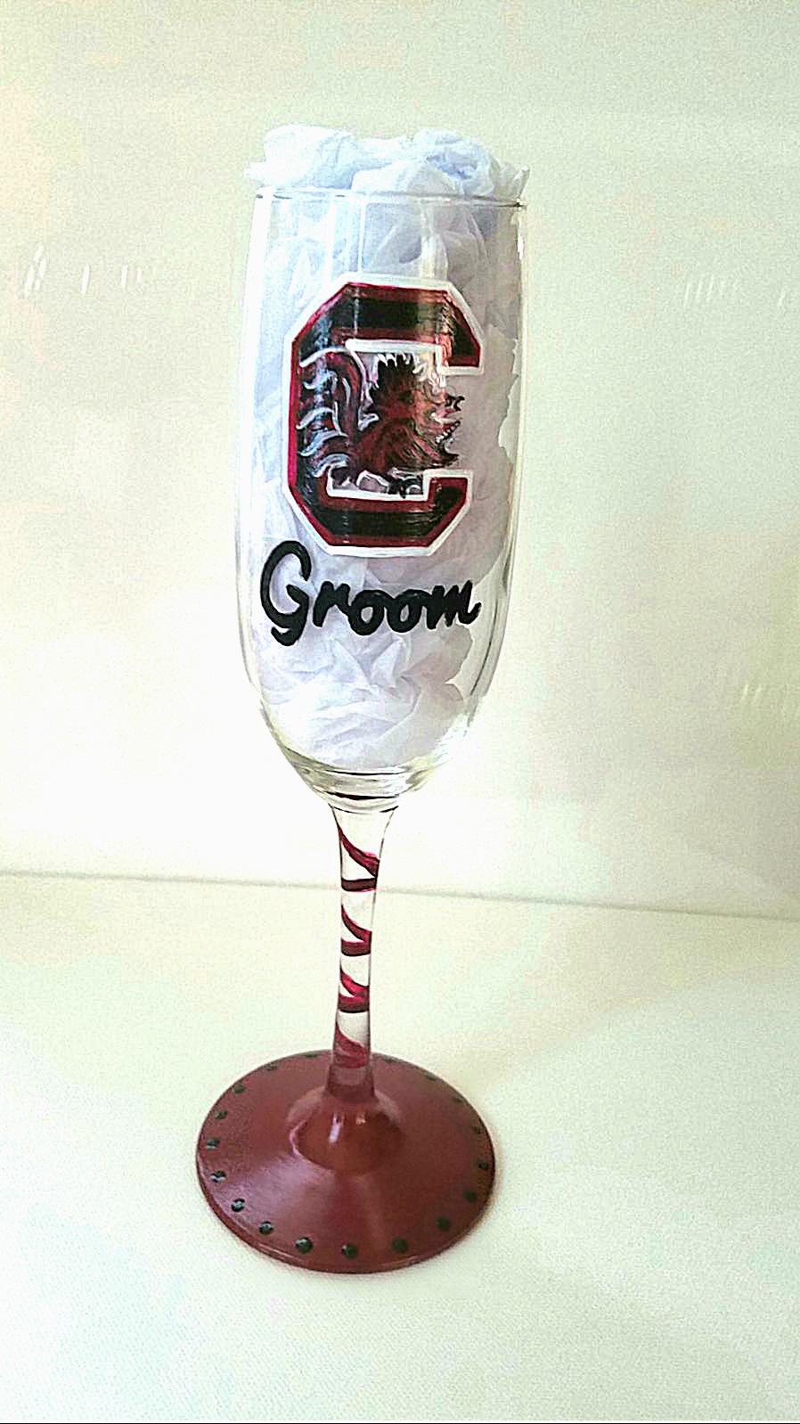 Hand Painted Champagne Glasses: Bride & Groom, Collegiate Theme