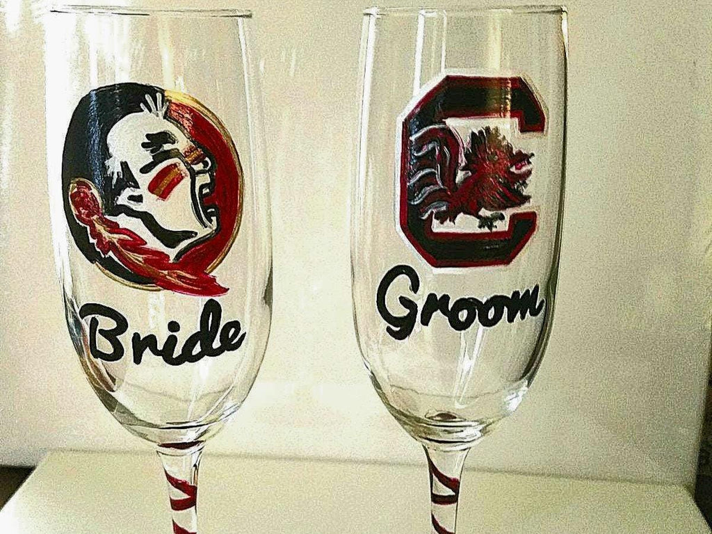 Hand Painted Champagne Glasses: Bride & Groom, Collegiate Theme