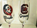 Hand Painted Champagne Glasses: Bride & Groom, Collegiate Theme