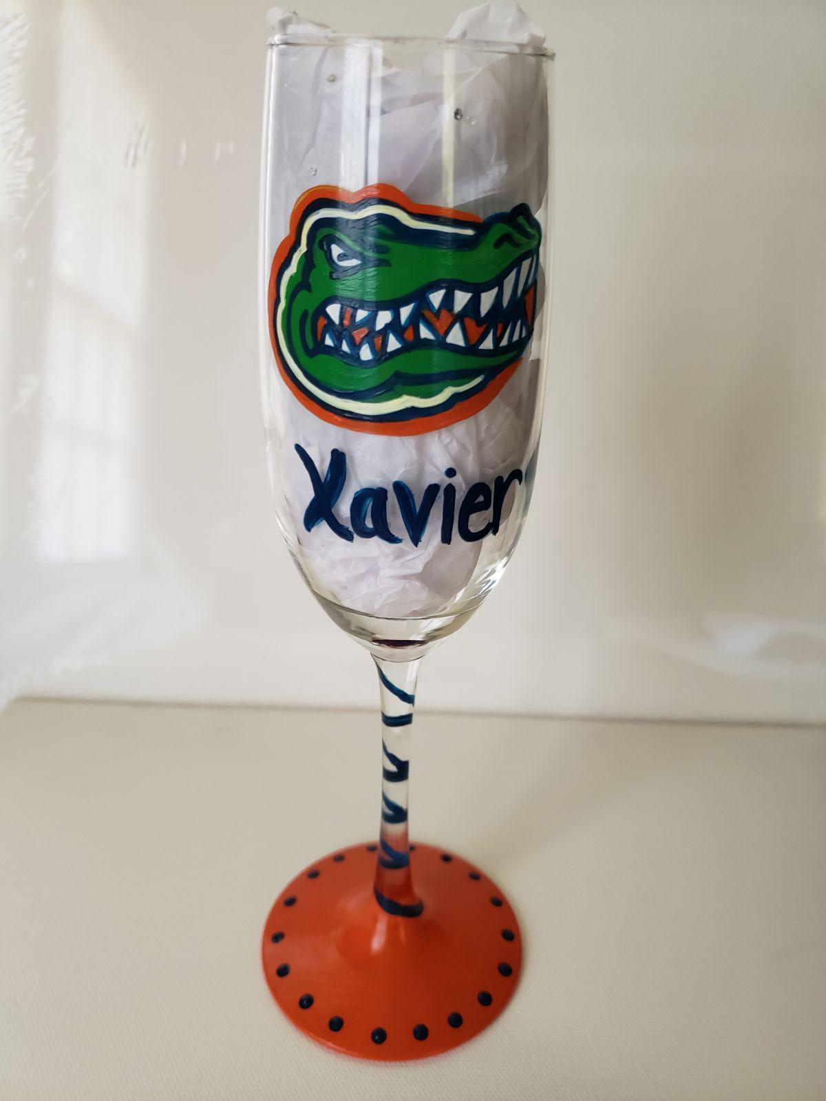 Hand Painted Florida Gators Champagne Glass, 8 oz, Custom Gift