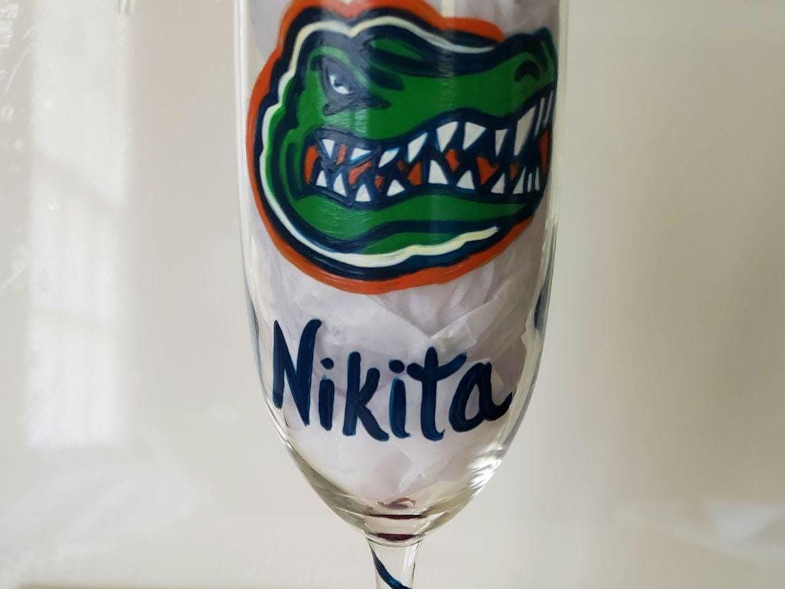 Hand Painted Florida Gators Champagne Glass, 8 oz, Custom Gift