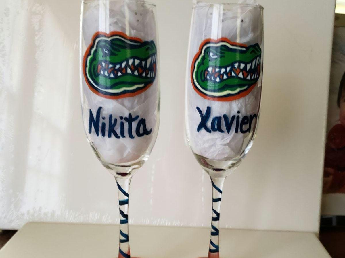 Hand Painted Florida Gators Champagne Glass, 8 oz, Custom Gift