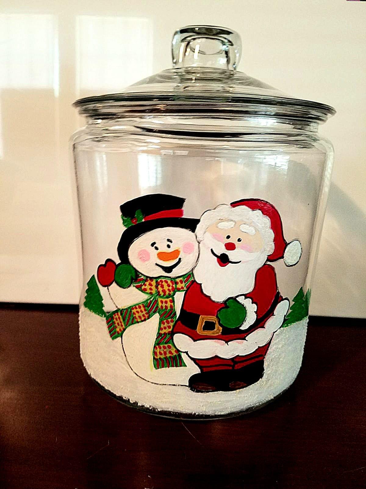 Hand Painted Santa & Snowman Glass Cookie Jar, Holiday Decor