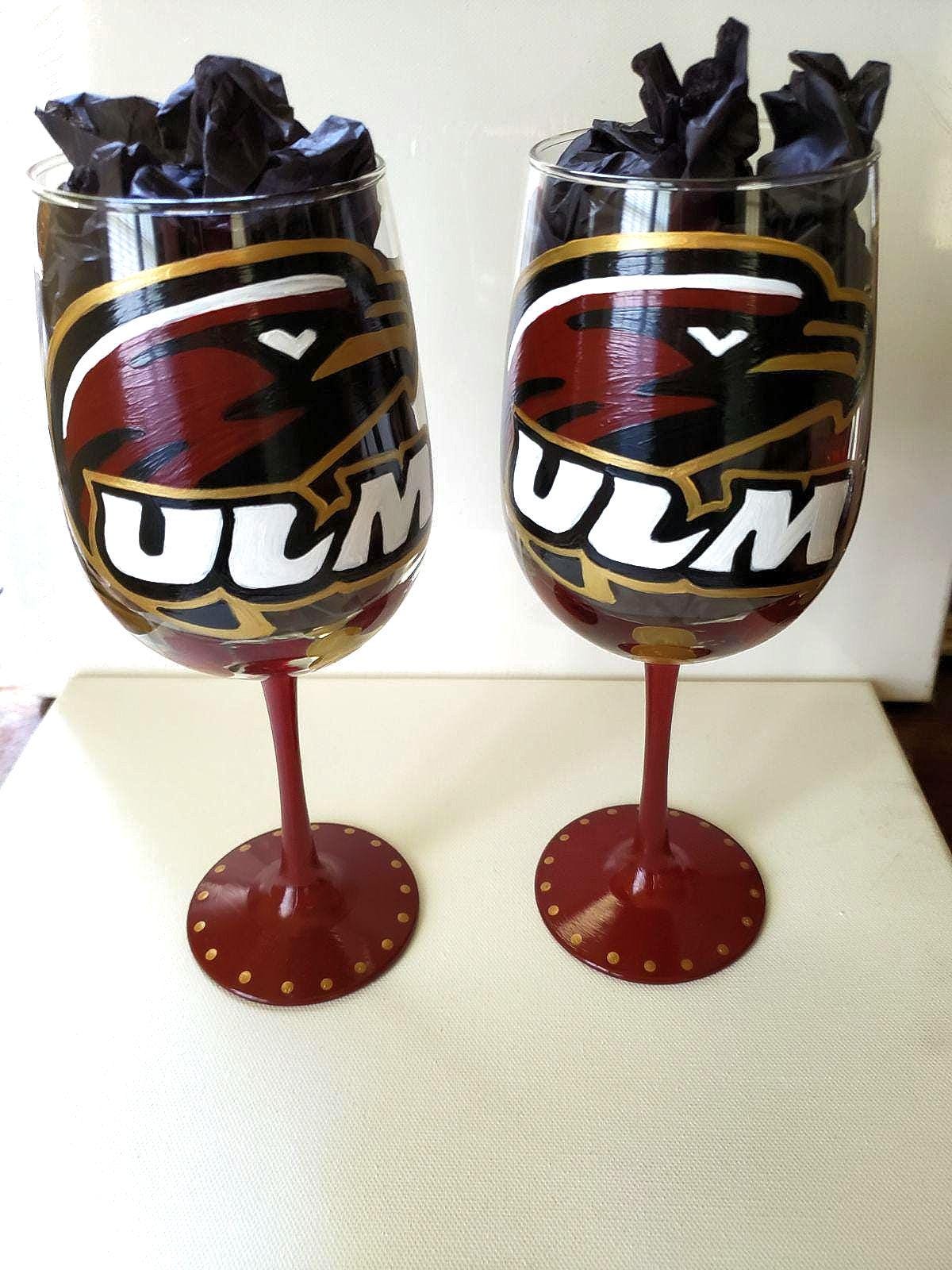 Hand Painted Louisiana Monroe Warhawks Wine Glass