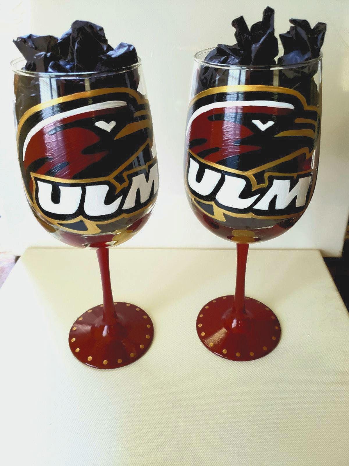 Hand Painted Louisiana Monroe Warhawks Wine Glass