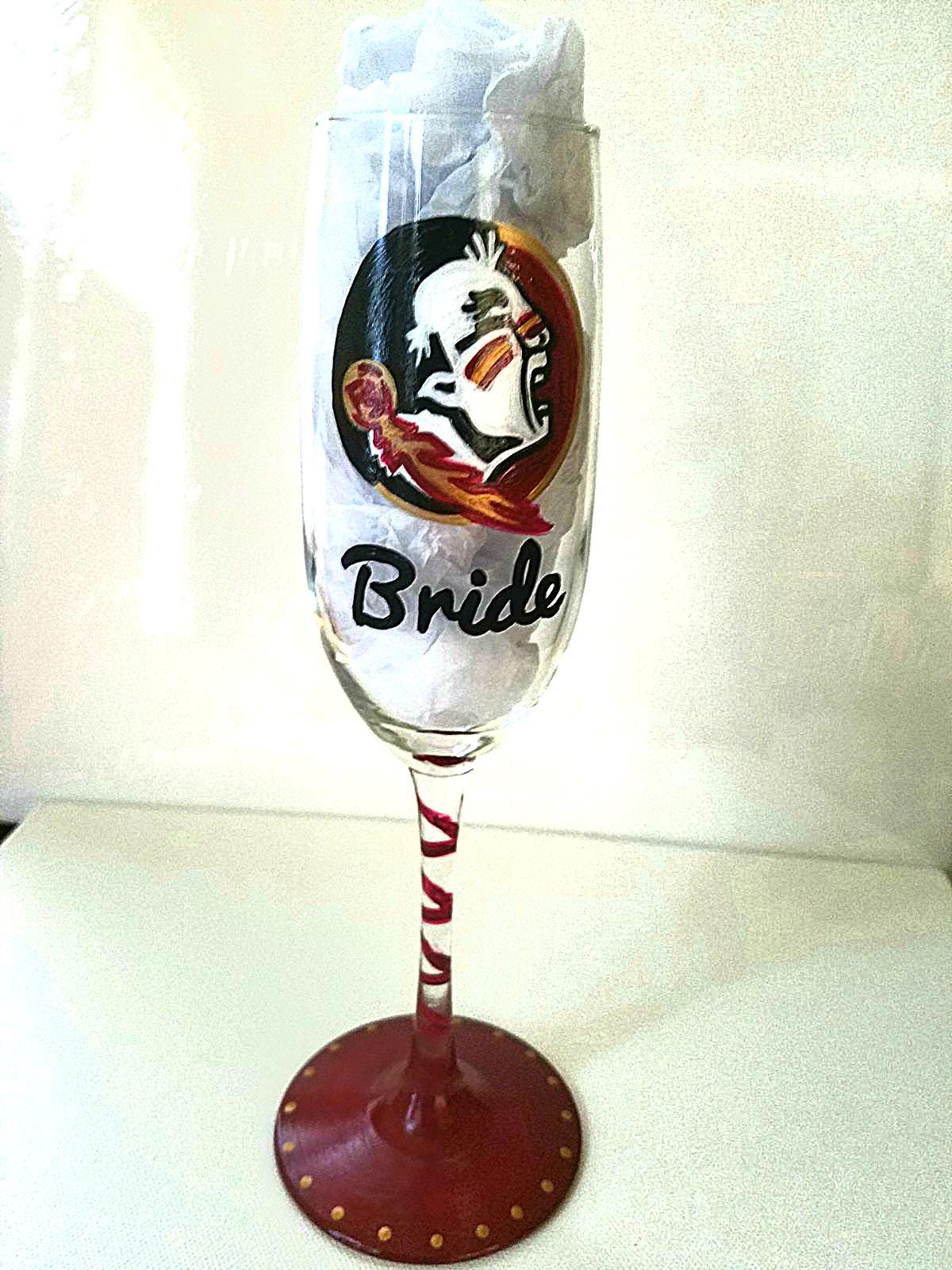Hand Painted Champagne Glasses: Bride & Groom, Collegiate Theme