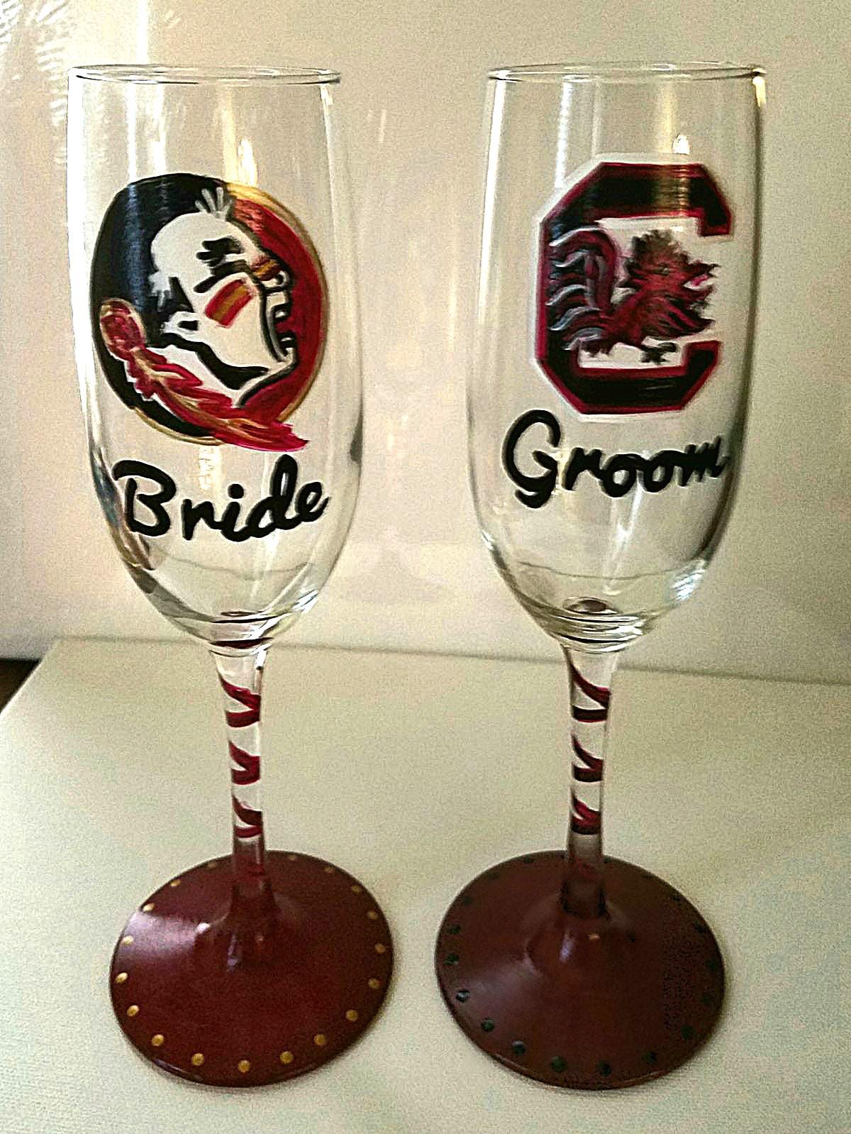 Hand Painted Champagne Glasses: Bride & Groom, Collegiate Theme