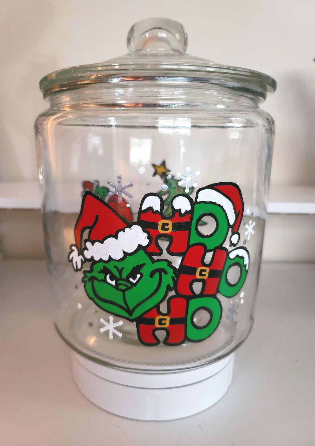 Hand Painted Grinch Christmas Cookie Jar: Holiday Candy Storage