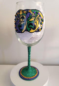 Hand Painted Mardi Gras Wine Glass, Rhinestone Party Barware