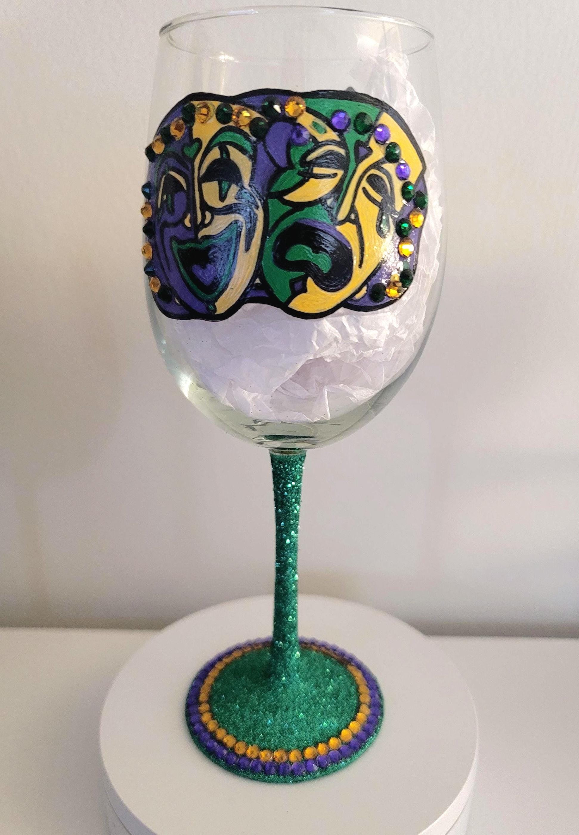 Hand Painted Mardi Gras Wine Glass, Rhinestone Party Barware