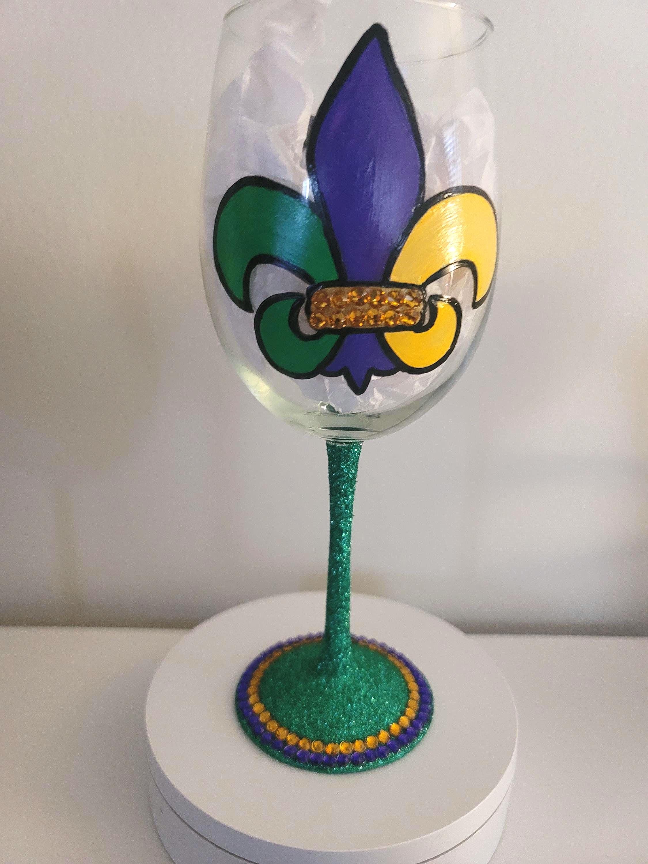Hand Painted Mardi Gras Wine Glass, Rhinestone Party Barware