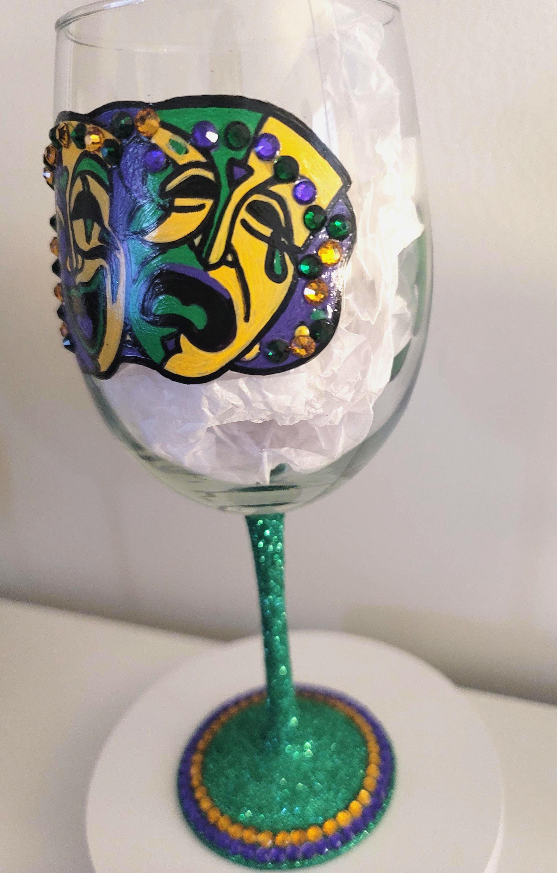 Hand Painted Mardi Gras Wine Glass, Rhinestone Party Barware