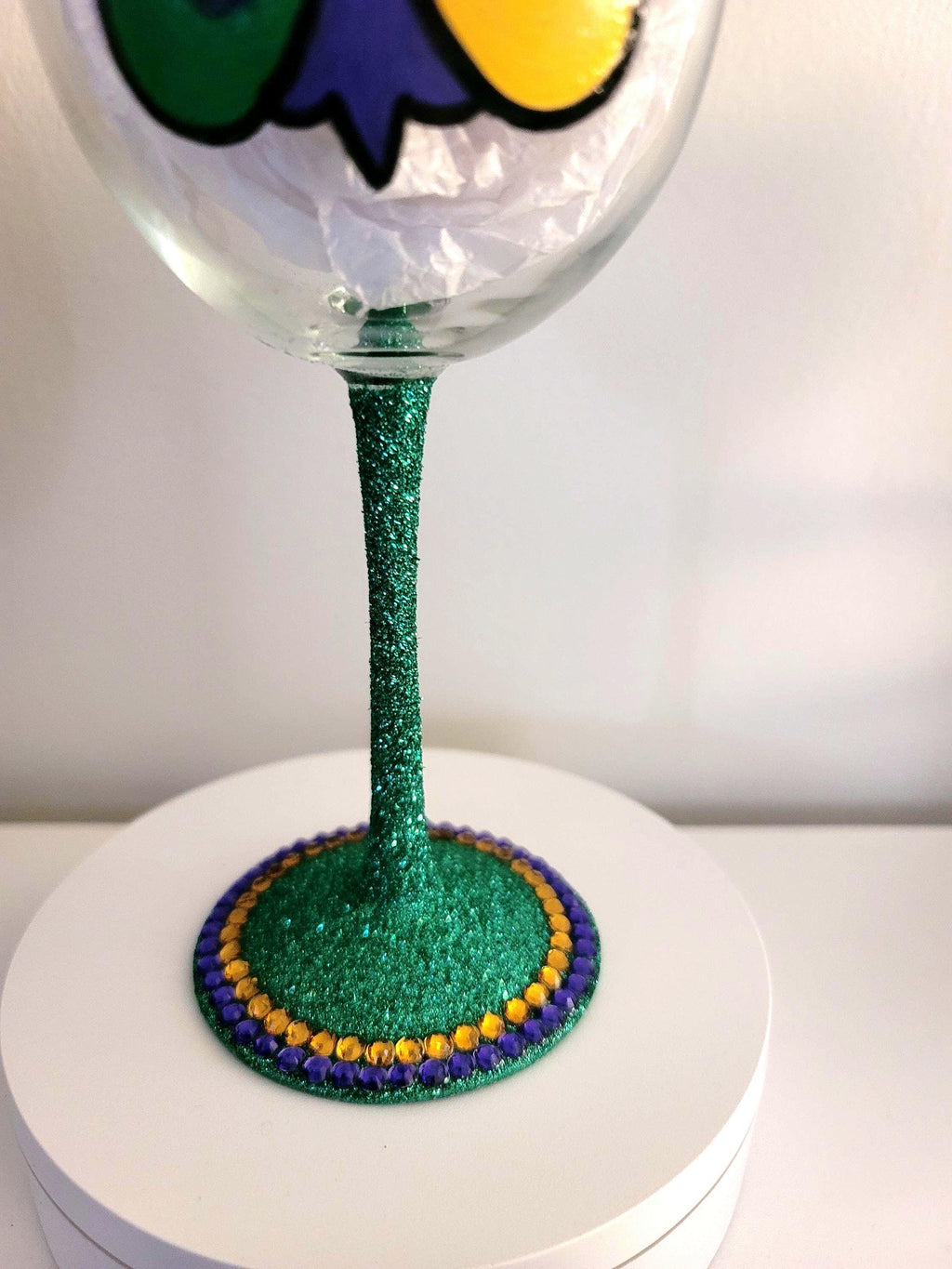 Hand Painted Mardi Gras Wine Glass, Rhinestone Party Barware