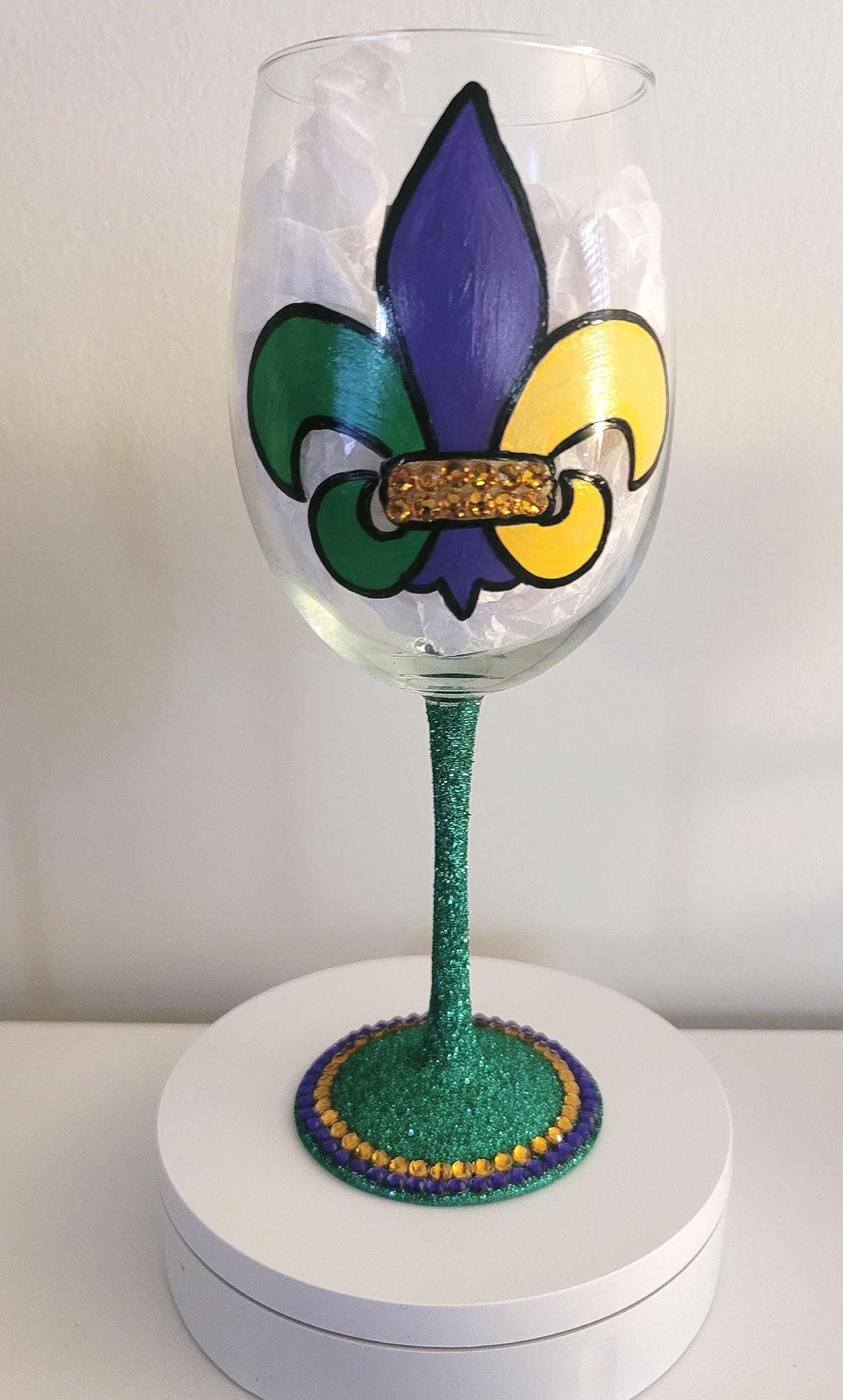 Hand Painted Mardi Gras Wine Glass, Rhinestone Party Barware