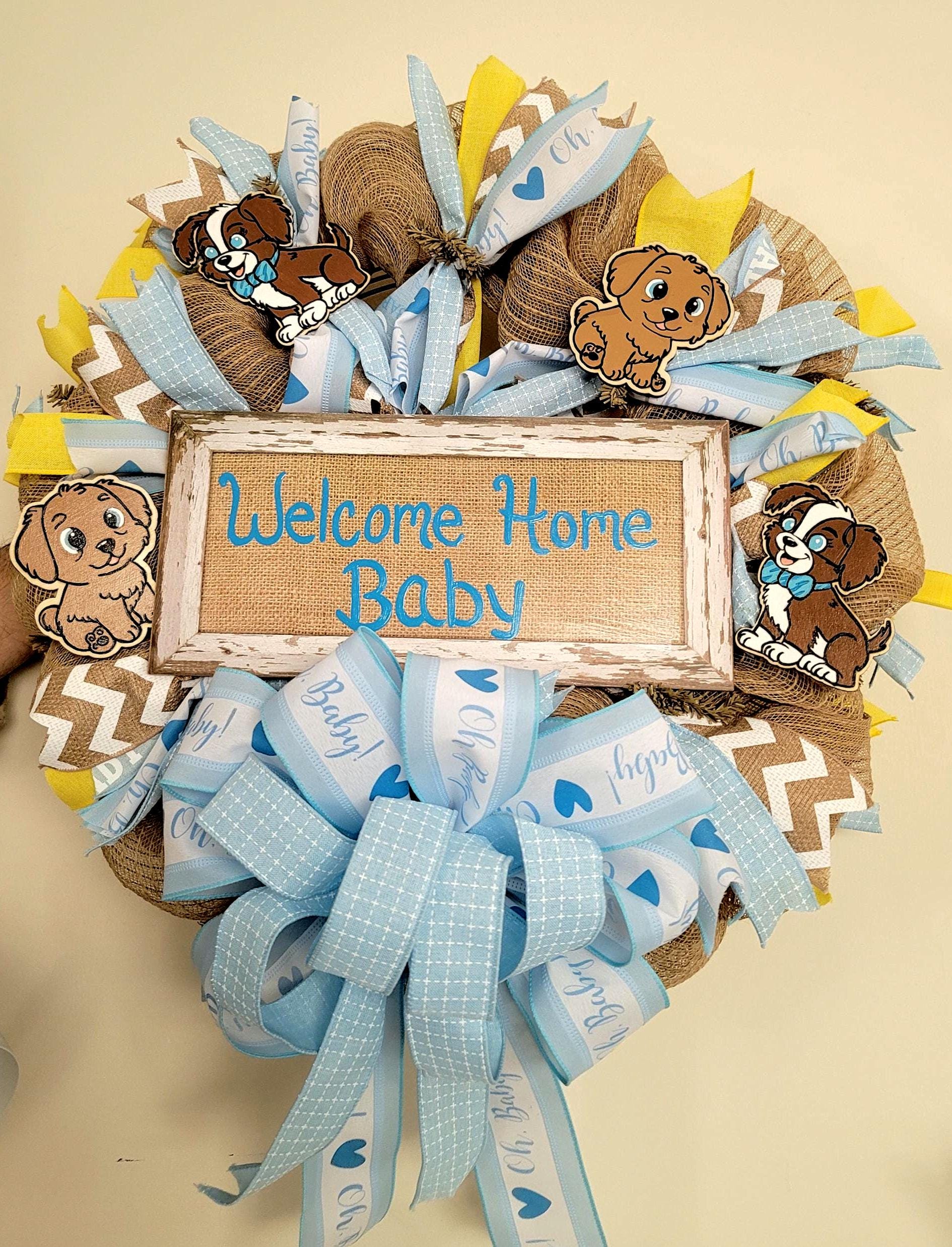 Puppy Deco Mesh Baby Boy Wreath: Blue Ribbon, Burlap