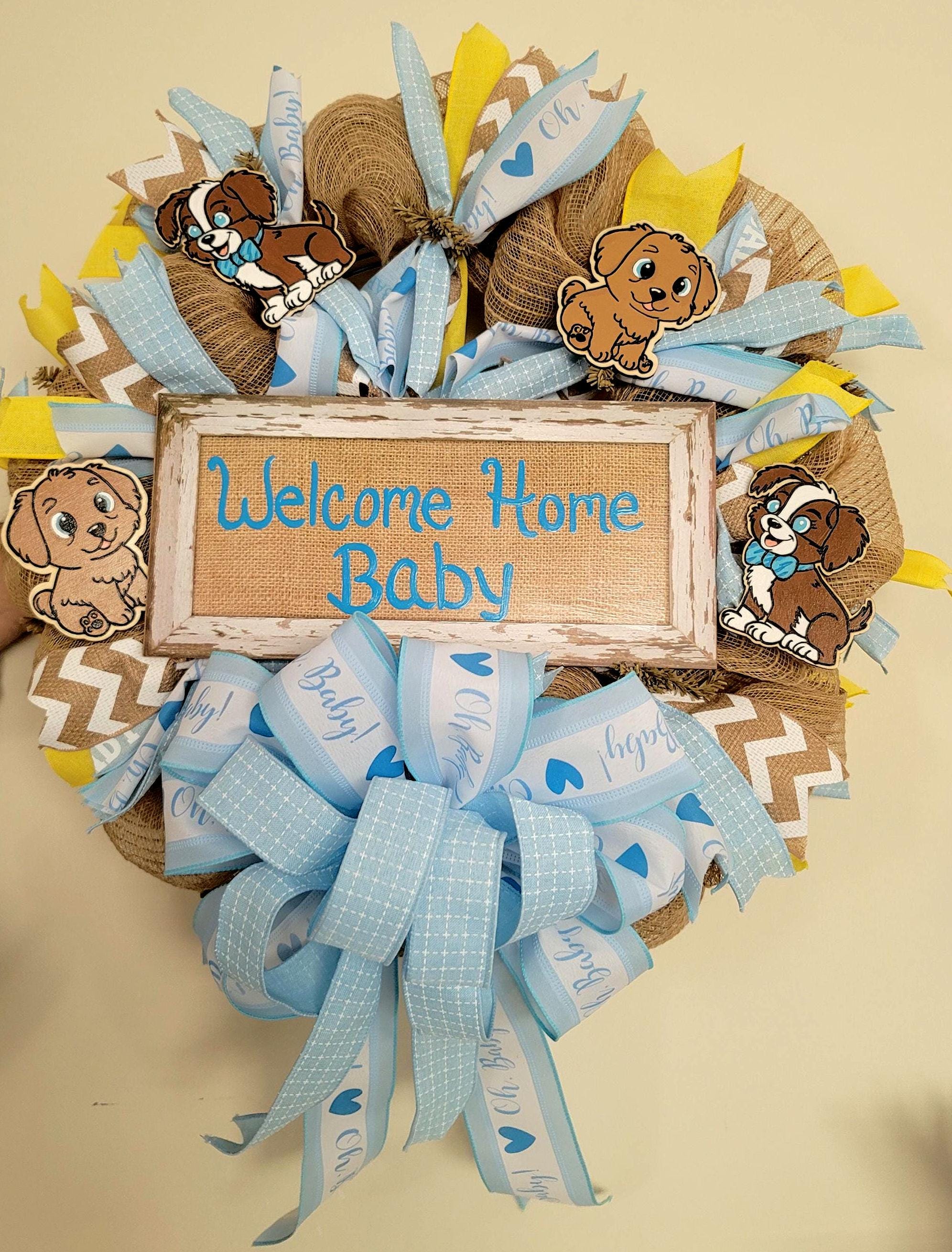 Puppy Deco Mesh Baby Boy Wreath: Blue Ribbon, Burlap