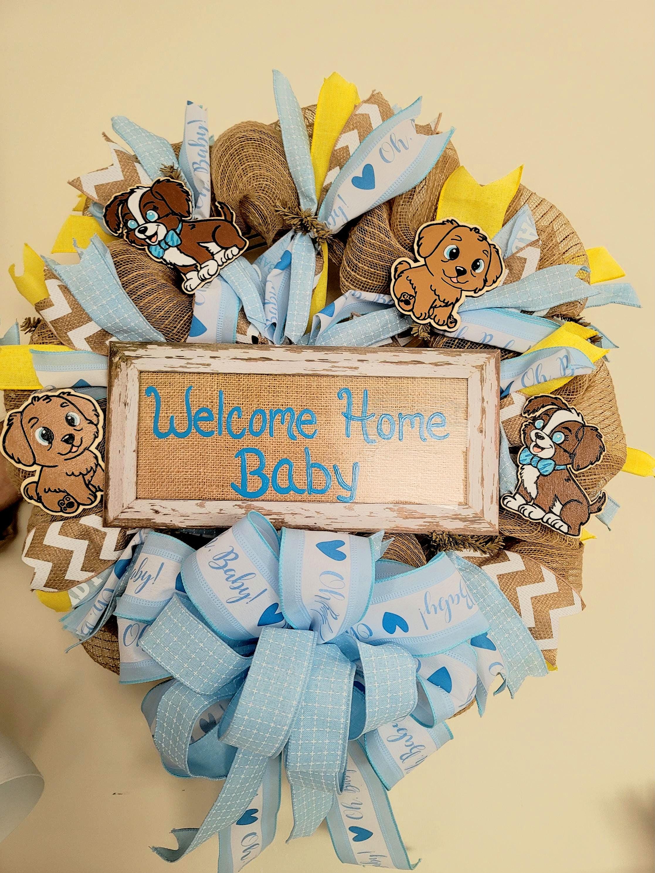 Puppy Deco Mesh Baby Boy Wreath: Blue Ribbon, Burlap